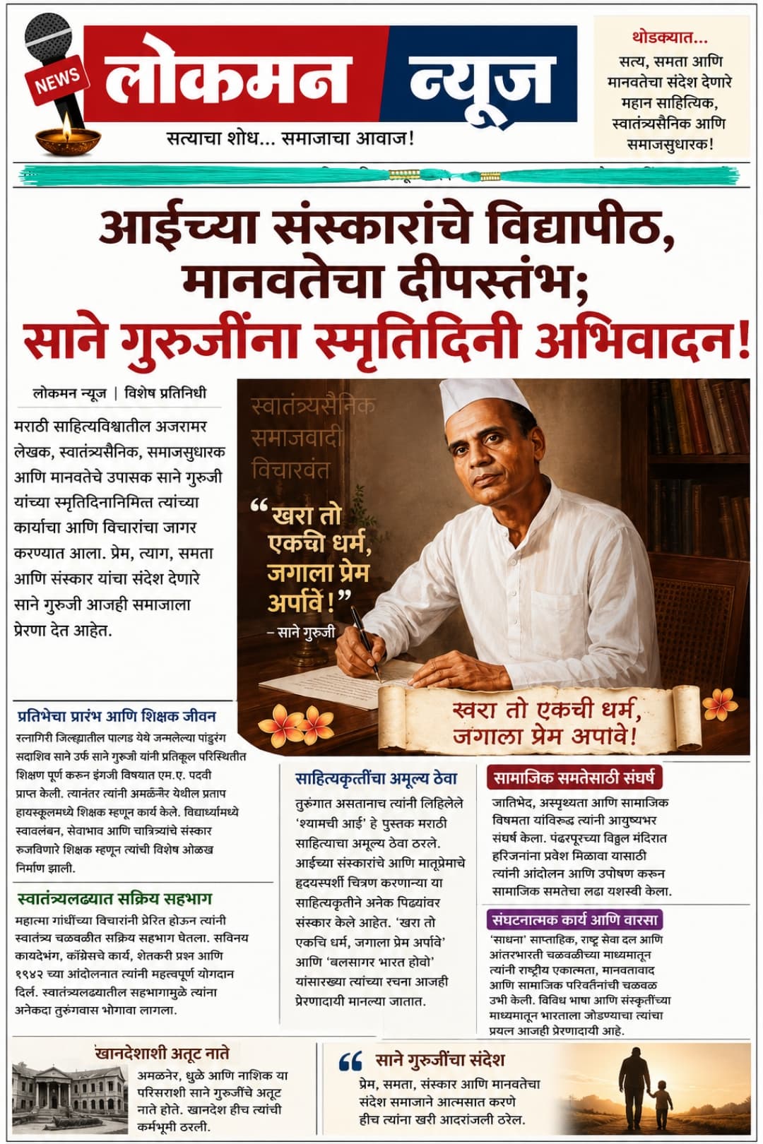 आईचे संस्कार, मानवतेचा आधार; साने गुरुजींचा विचार अमर अपार!