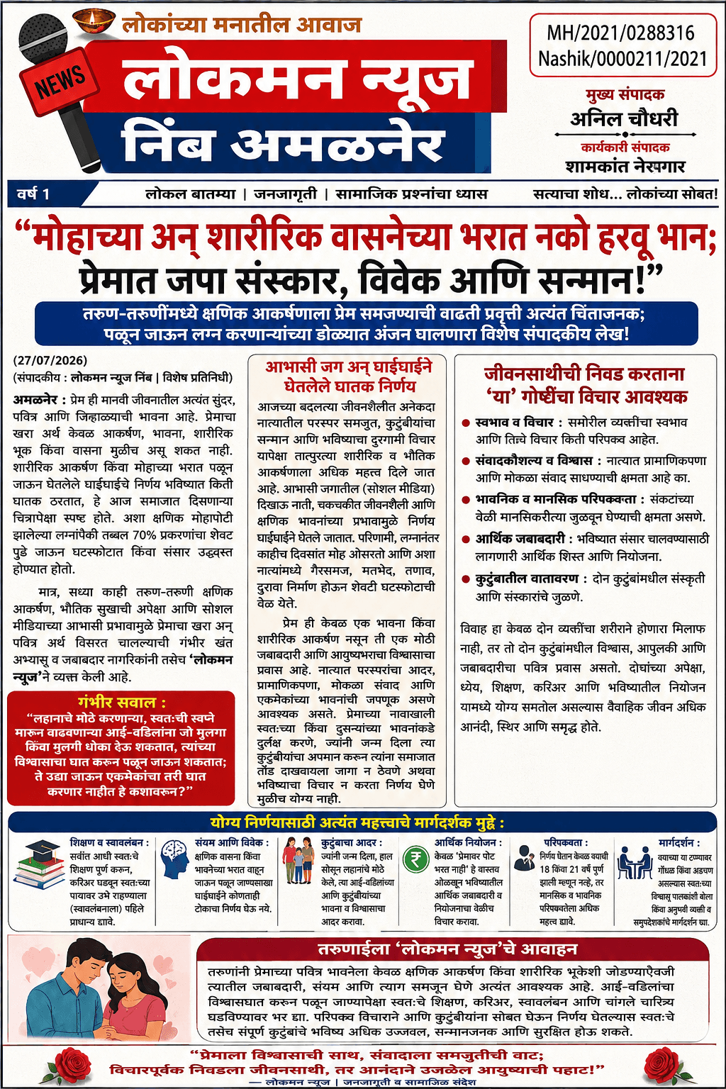 “मोहाच्या अन् शारीरिक वासनेच्या भरात नको हरवू भान; प्रेमात जपा संस्कार, विवेक आणि सन्मान!”